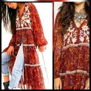Free People Call On Me Rust Floral Button Down Embroidered Top Or Dress